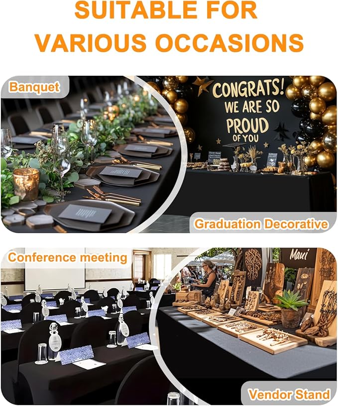 Spandex Table Cover 2 Pack 8FT Black Fitted Tablecloths,Washable Wrinkle Resistant Stretch Table Cloth Rectangle for Vendor Booth Display Items,Party Supplies for Adults,Wedding Decorations,Banquet