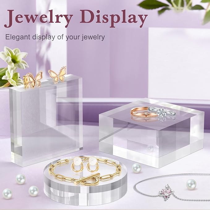Acrylic Base Stand 4 Pieces Acrylic Blocks for Display 4 X 4 X 1 Inch Clear Polished Block Round Cube Riser Display Pedestal Stands for Jewelry Perfume Ring Collection Props Cake