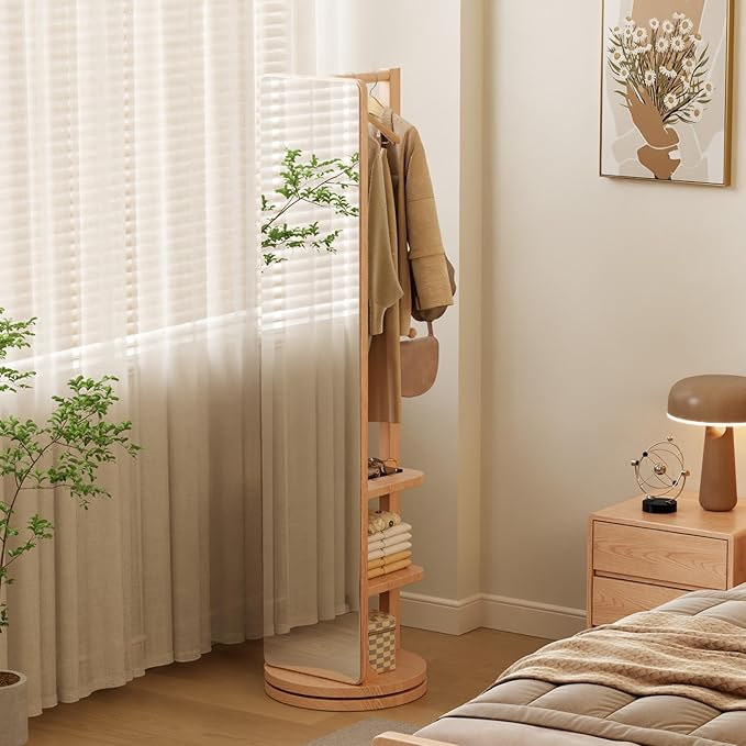 WoodsWhisper Full Length Mirror Coat Rack Solid Wood Floor Mirror 66"x12" Full Length Mirror with Stand Long Mirrors for Bedroom,Living Room