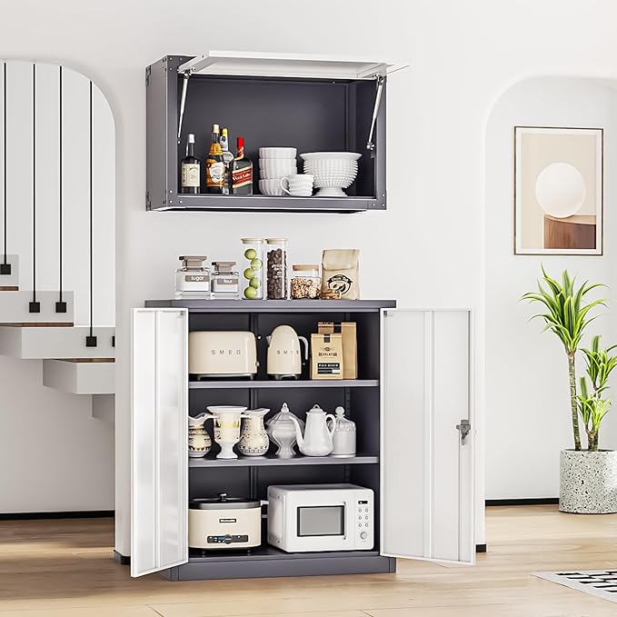 INTERGREAT Metal Garage Storage Cabinet, 36" Lockable Storage Cabinet with 2 Doors and 2 Adjustable Shelves, Steel Grey White File Cabinet Great for Home Office, Garage, Warehouse, Study Room