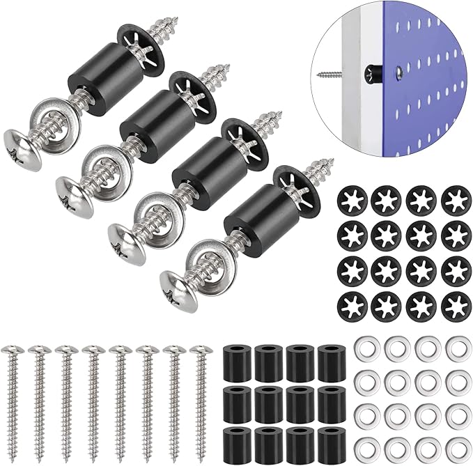 43 Set (172Pcs) Pegboard Mounting spacers and Screws Kit, Peg Boards Installation Hardware Accessories. Include Sturdy Screws, Spacers,Washers and Lock Clips for 1/8 Inch and 1/4 Inch Pegboard