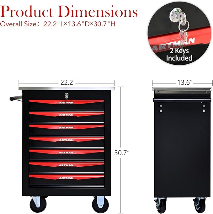 7 Drawer Rolling Tool Chest with Locker, 22.2" D Metal Movable Lockable Tool Cart Box Multi-Functional Hardware Storage Cabinet Box for Warehouse Basement Home Pantry Garage