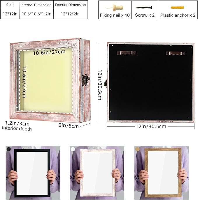 TJ.MOREE Flowers Shadow Box Display Case 12 x 12 Shadow Box Frame with Glass Window Door Farmhouse Picture Frame Wedding Bouquet Memorabilia Photos Memory Box for Keepsakes - White Pink