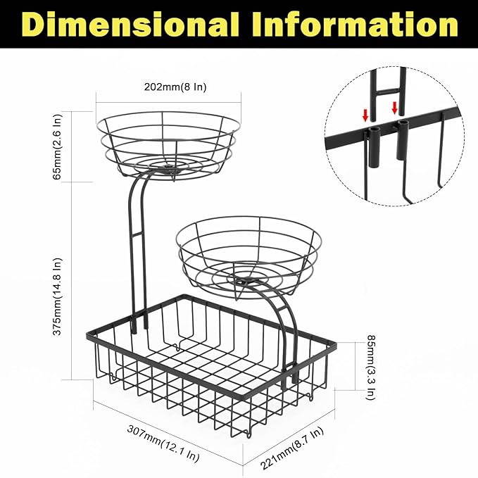 3 Tier Countertop Fruit Vegetable Basket Bowl Storage, Solid Metal Kitchen Counter Organizer for Storing Fruits, Veggies, Bread, Snacks (Black)