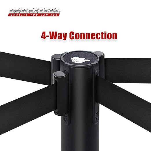 DuraSteel Crowd Control Barriers Line Dividers - Metal Stanchion Posts with 6.5ft Black Retractable Belt Ropes - for Store Queues, Airport Lines, Event Entries - 6 Set/Pack