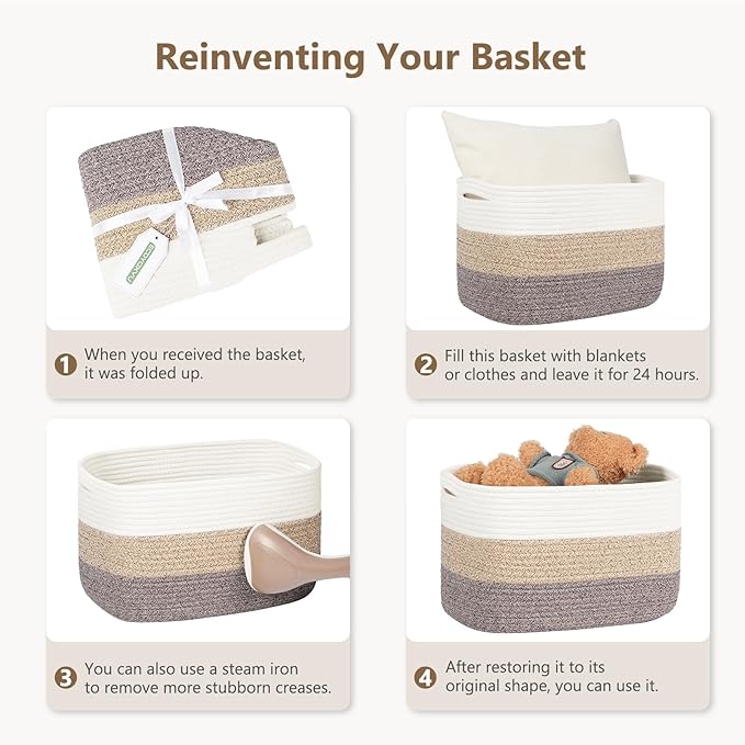 Cotton Rope Basket, Storage Baskets with Handle, 15x10x9 Inch Woven Basket for Shelves, Laundry, Towels, Clothes, Books (White/Blue 1Pack)