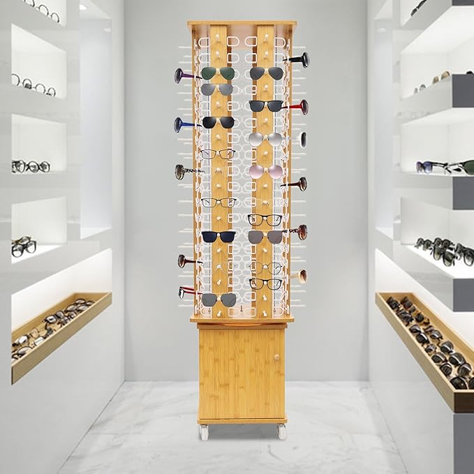 Sunglasses Display Stand, 144 Pairs Wooden 360° Rotating Sunglass Eyeglass Holder Organizer, Glasses Hanger Storage Rack for Retail Commercial Display, W14.6*H66.1in (Yellow)