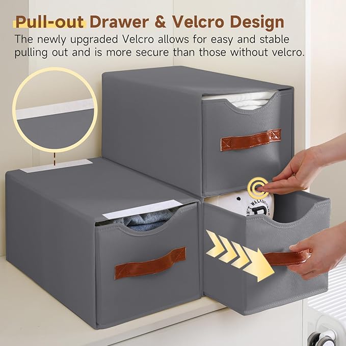 2 Pack Stackable Storage Drawers, Fabric Closet Organizers and Storage with Handles and Clear Window, Pull-Out Clothes Storage Bins with Drawer for Closet, Bedroom, Living Room, Under Bed, Gray
