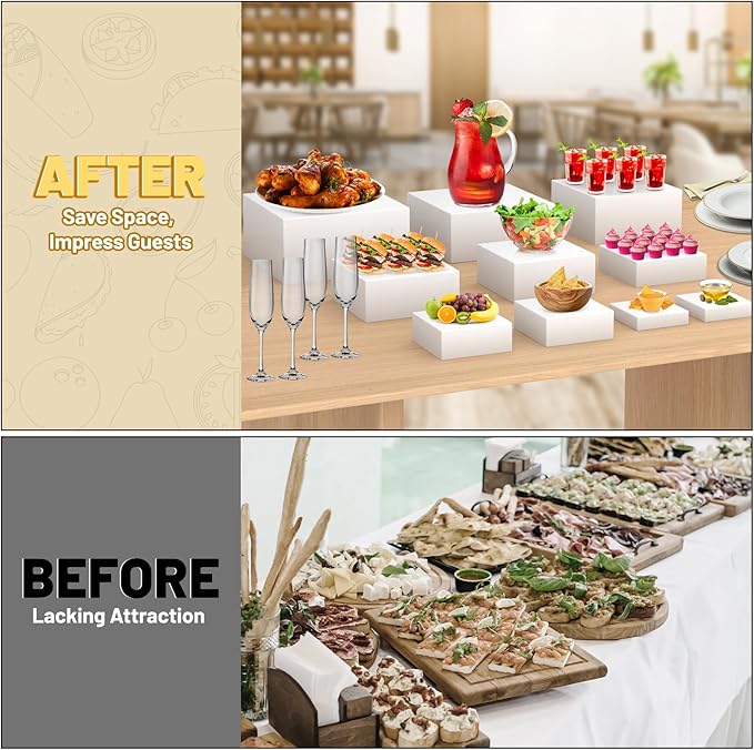 10 Pcs Buffet Food Risers, White Acrylic Dessert Cupcake Table Stands Fruit Display Shelf Set for Catering Supplies Party Jewelry Decor Risers& Protective Film (10", 9", 8", 7",6.5", 6",5",5",4", 4")