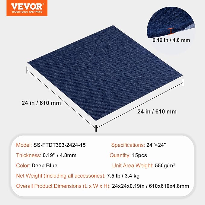 VEVOR 24 x 24 Peel and Stick Carpet Tiles Squares with Self Adhesive & Soft Padded for Indoor Outdoor Kitchen Living Room Bedrooms - Pack of 15/60 sq ft