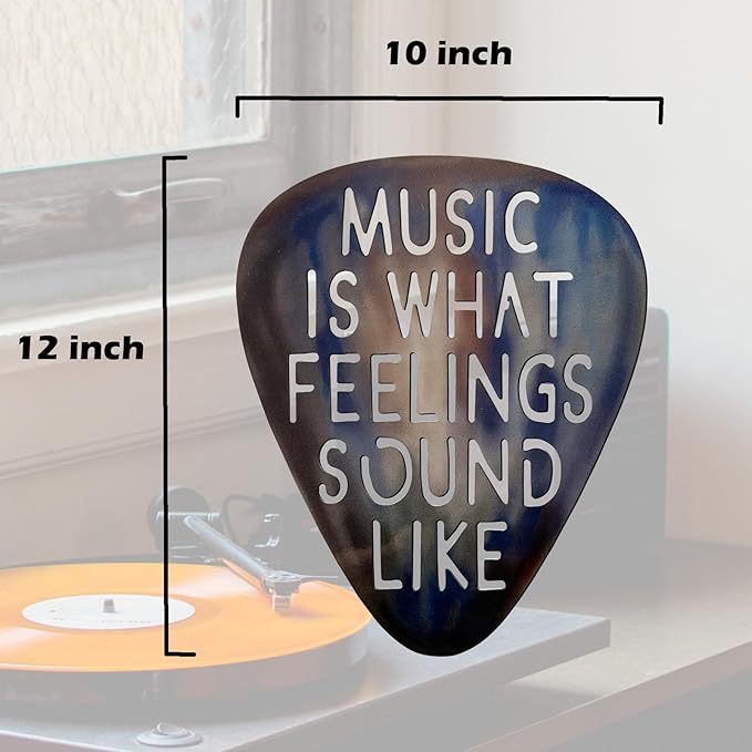 AZEZO Metal Guitar Pick Décor, 12’’x10’’ Music Wall Art, Stainless Guitar Wall Art, Featuring ‘Music Is What Feelings Sound Like’