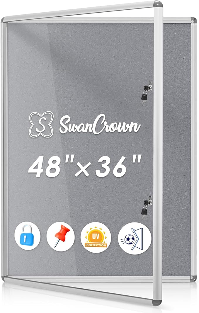 SWANCROWN Enclosed Bulletin Board 48x36in, Tamperproof Lockable Grey Felt Board Wall Display Case with 2 Locks for Office School Commerce, Aluminum Frame