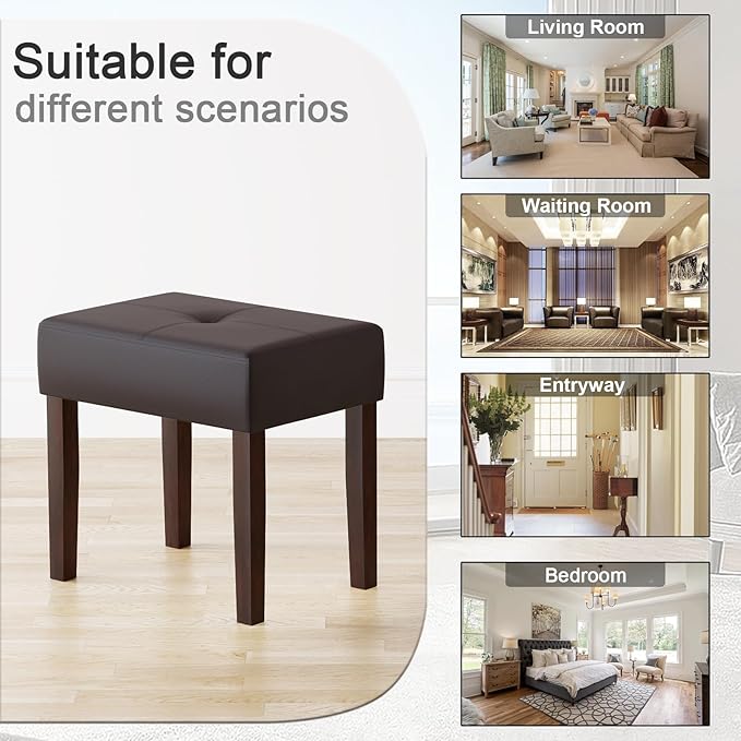 Leather Vanity Stool, 18.7 Inch Wide Rectangle Ottoman Bench for Makeup Room, Vanity Chair with Wood Legs for Piano Room, Bedroom,Living Room with Customizable (Cherry)