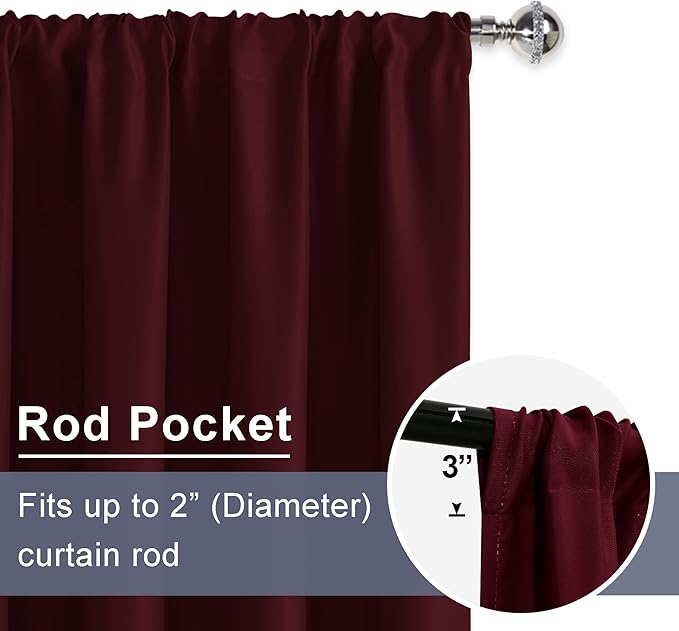 JIUZHEN Christmas Blackout Curtains for Bedroom - Thermal Insulated Room Darkening Noise Reducing, 70 x 84 Inch Length Curtains for Living Room, Set of 2 Panels with Tiebacks, Burgundy