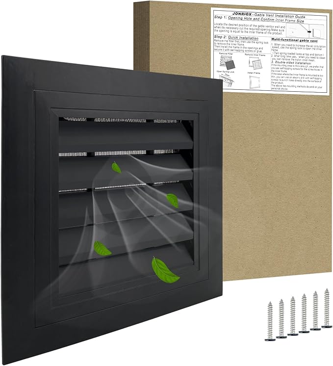 12"*12" Gable Vent,Aluminum Alloy Wall Vent Shed Vents,with Removable Strainer and 180 Degree Opening Angle.Ideal for Attic,Shed,Garage,Play House,Coop.[Inside Dimensions:9.5"w X 9.5"h]-Black 2 Pack