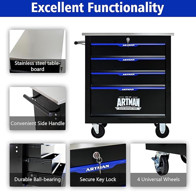 4-Drawer Heavy-Duty Rolling Steel Tool Cart with Handle&Wheels, Metal Storage Organizer Cabinet, Tool Chest for Efficient Tool Storage in Garage, Warehouse, Workshop, Repair Shop, Blue
