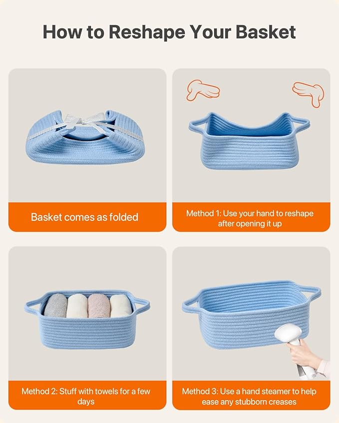 KALLAX Small Woven Basket, 12 x 8 x 4.5 Inches, Small Storage Baskets for Organizing, Gift Baskets Empty, Cute Rope Shelf Closet Storage Bins for Shelves, Dog Toy Basket, Light Blue