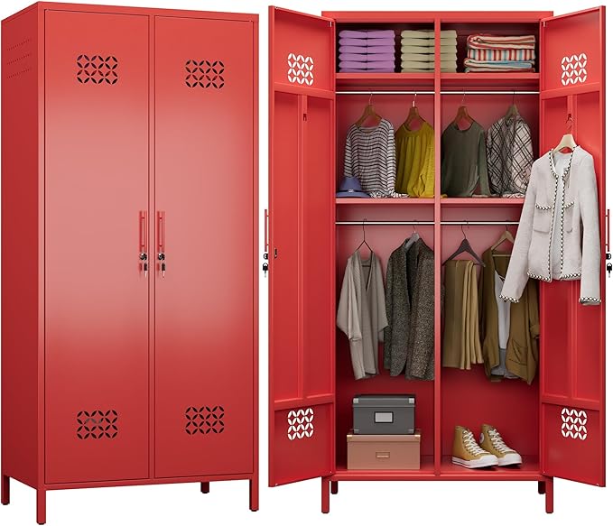 Aobabo Metal Wardrobe Cabinets with Lock, 2 Door Metal Closet wtih 4 Adjustable Shelves and 2 Hannging Rod, Lockable Locker Cabinet, Storage Locker for Home, Office,Red, Assembly Required