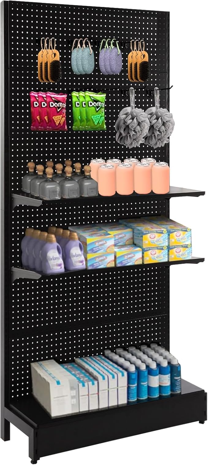 Pegboard Display Stand, Gondola Retail Shelving Wall Display for Convenient Grocery Office Supply or Liquor Stores, Single Side Peg Board Panels, Extra 20 Hooks, No Including 4 Shelves