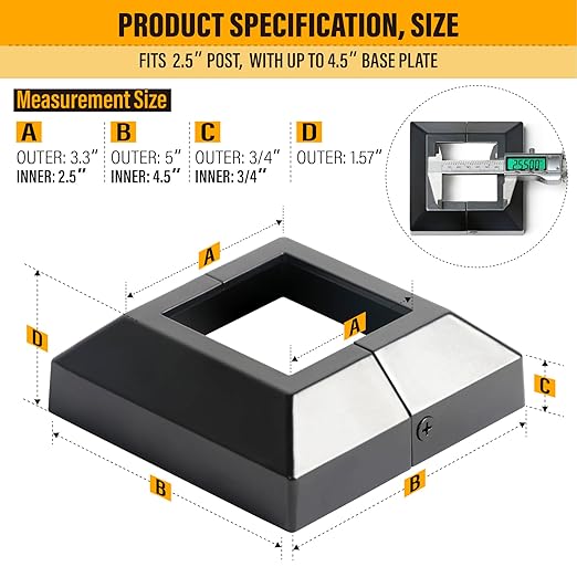 2.5"x2.5"（Actual: 2.5"x 2.5"） Deck Post Base Cover Decorative Post Base Trim Skirt Black Aluminum 2Pack