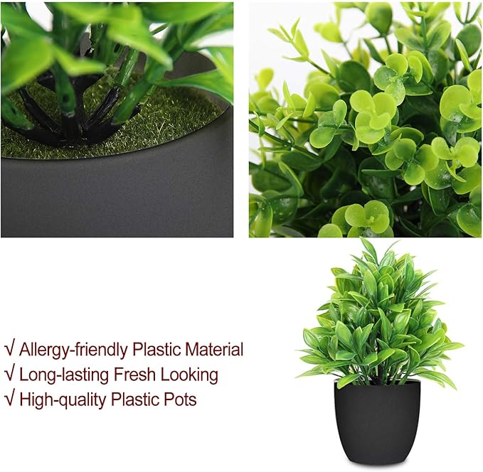 LELEE Artificial Potted Plants Mini Fake Plants, 4 Pack Medium Eucalyptus Potted Faux Decorative Grass Plant with Black Plastic Pot for Home Decor, Indoor, Office, Desk, Table Decoration