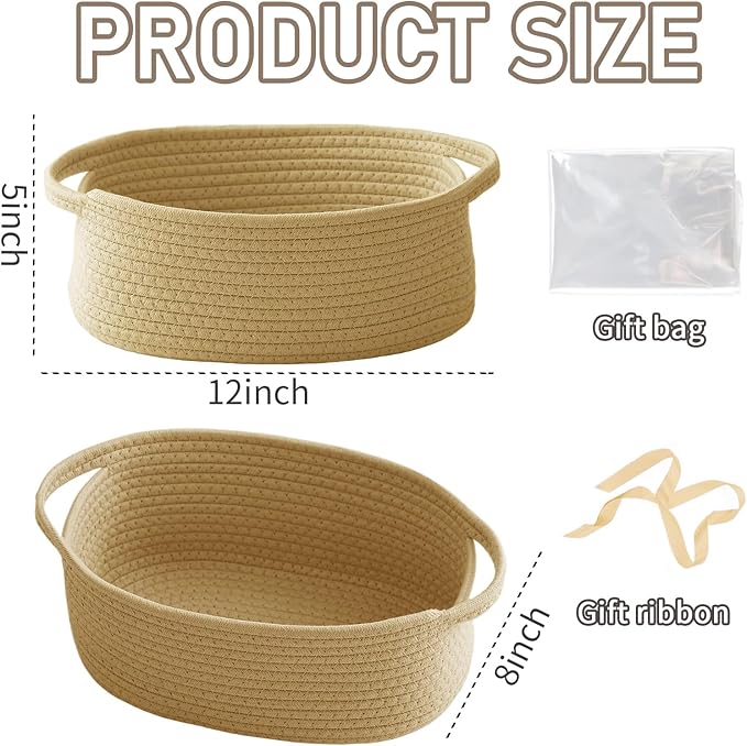 Woven Basket,Small Rope Storage Bin with Handles & Ribbon Bag, Organizer for Shelves Closets,Gift Basket Empty for Birthday,Books,Dog Toys, Jute