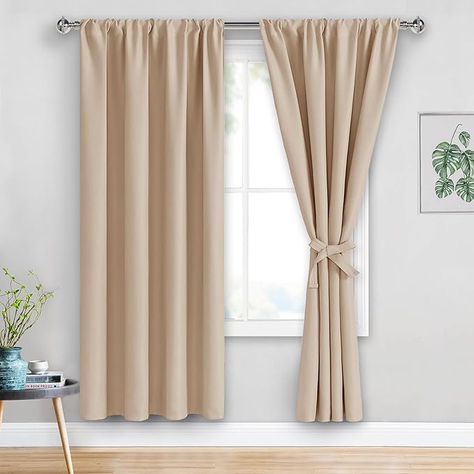 JIUZHEN Blackout Curtains for Bedroom - Thermal Insulated Room Darkening Rod Pocket Curtains for Living Room, Set of 2 Panels with Tiebacks, 52 x 72 Inch Length, Beige