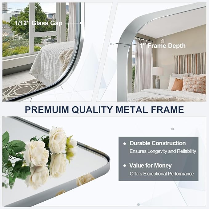 ANDY STAR 30x36 Chrome Bathroom Mirror, Oblong Silver Mirror with Stainless Steel Metal Frame, Oval Vanity Mirror for Over Sink, Modern Anti Rust Wall Mounted