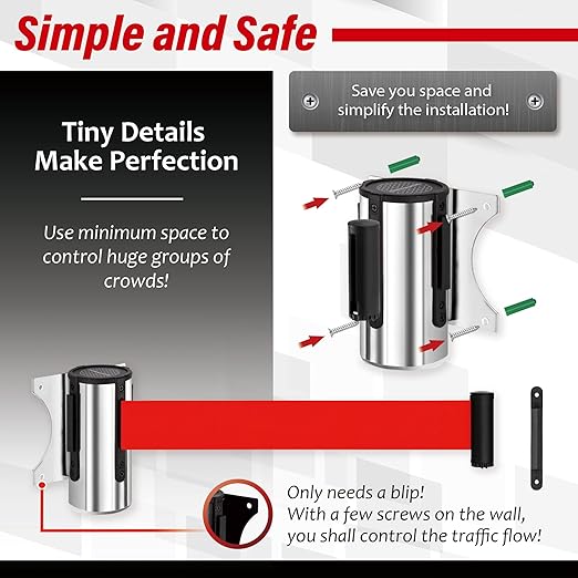 DuraSteel Wall Mount Retractable Belt Barrier - 9.2 Ft Red Belt in Sturdy Stainless Steel Case - Guardian 1.0 Indoor & Outdoor Do Not Cross Caution Tape for Crowd Control Queue Barrier, Line Divider