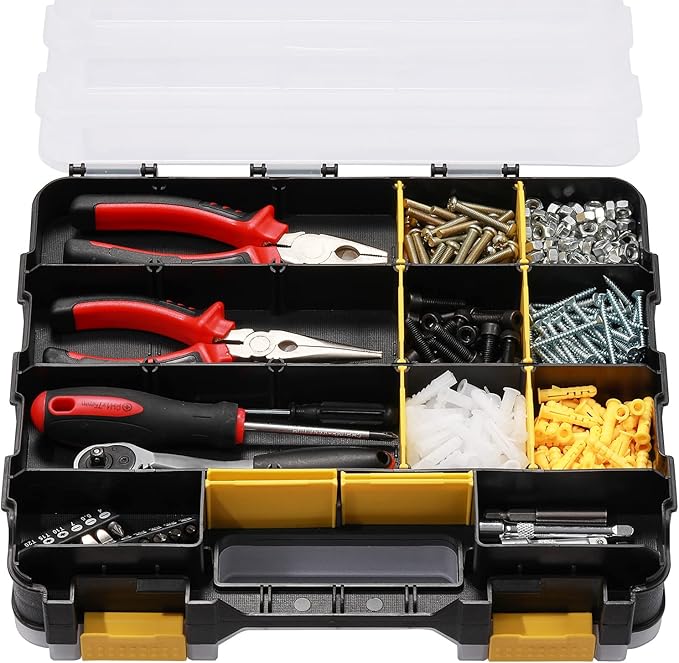 Mayouko Double Side Tools Organizer, Customizable Removable Plastic Dividers, Hardware Box Storage, Small Parts Organizer, 34-Compartment, Black/Yellow