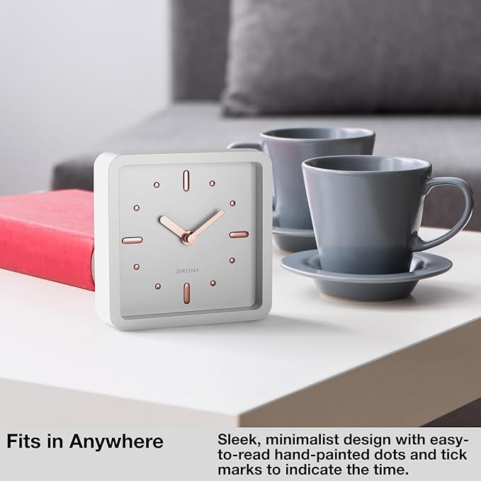 Driini Modern Mid Century Desk & Shelf Clock (White Rose Gold) - Battery Operated with Silent, Analog Movement – Small Tabletop Clocks for Office – Perfect for Mantle, End Table, Desktop or Nightstand