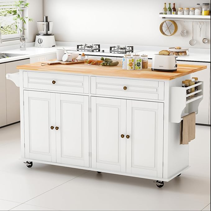 67’’ Movable Kitchen Island with Drop Leaf and Power Outlet, Lockable Sliding Countertop Rolling Island Cart with 2 Large Drawers, Spice, Towel Rack,White