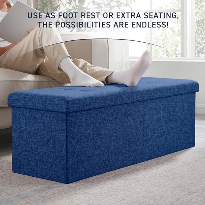 Ornavo Home 43 Inch Folding Storage Ottoman with Storage Bench, Long Large Storage Ottoman Bench, Storage Chest, Foot Rest Stool, Bedroom Bench with Storage - (Navy)