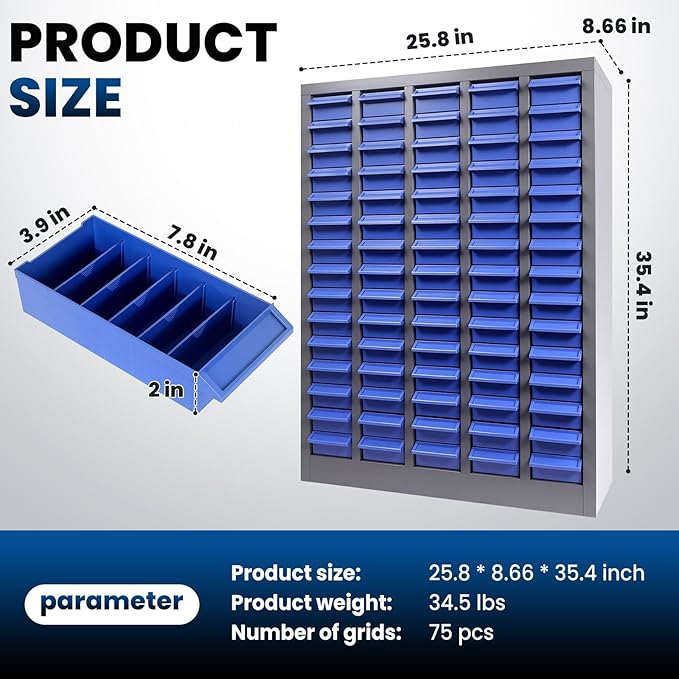 75 Drawers Nut and Bolt Organizer, 36" H x 26" D x 9" W Bolt and Nut Tool Storage Cabinet with Acrylic Adjustable Shelves & Label Stickers, Alloy Steel Parts Cabinet for Workshop Garage Organizer