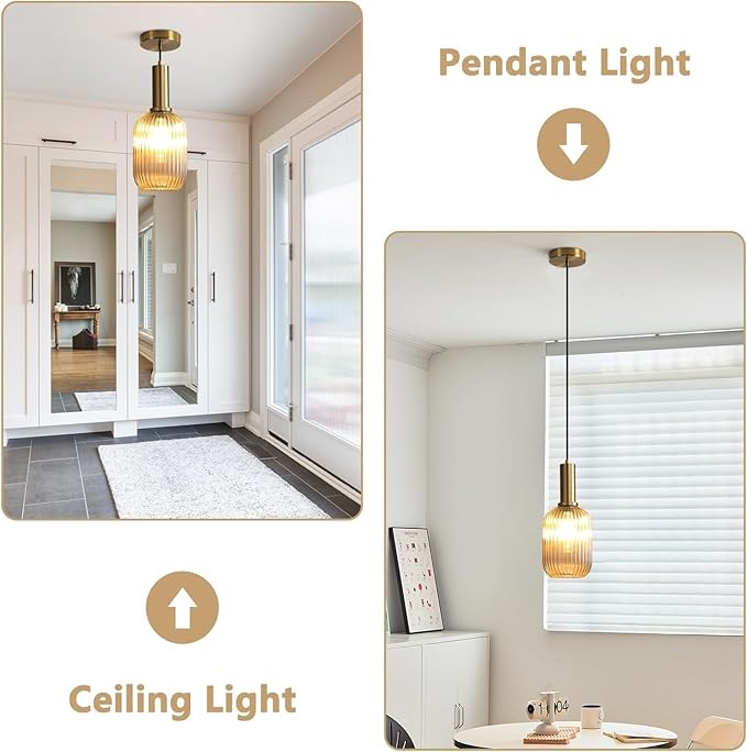 KCO Lighting 1-Light Amber Glass Ceiling Light Fixture Vintage Striped Glass Pendant Light Farmhouse Cylinder Pendant Light Gold Mini Kitchen Island Pendant Lighting Single Hanging Light