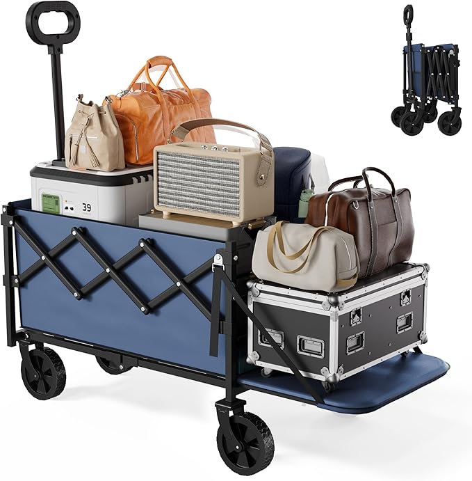 Collapsible Wagon with Wheels & Tailgate, 350LBS Wagons Carts Foldable Heavy Duty, Lightweight Portable Folding Utility Wagon Grocery Shopping Cart for Garden, Camping, Beach (Navy)