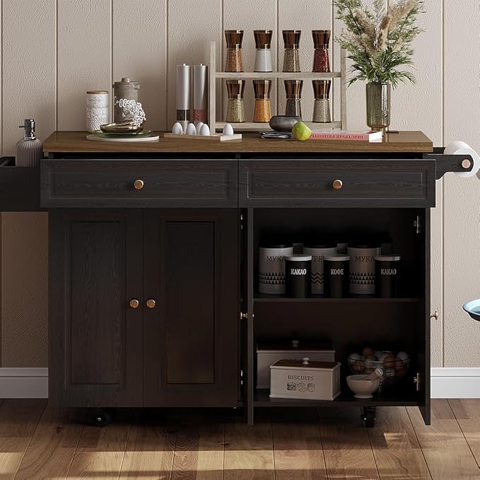 COCO DESIGN 60" Rolling Kitchen Cart with Power Strip & Drop Leaf, Thick Countertop, Large Storage Cabinet & Drawers, Mobile Island with Locking Wheels, Towel Rack and Spice Rack, Black and Walnut