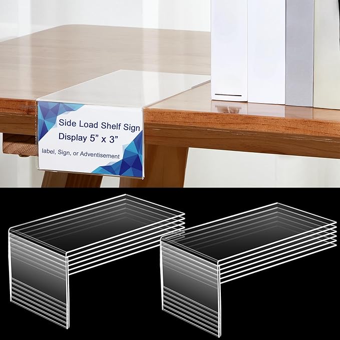 12 Pcs Acrylic Library Moveable Shelf Label Holders Bulk Talker 5" x 3" Clear Shelf Display Markers Retail Label Tags for Office Home Classroom Office Book Shelve