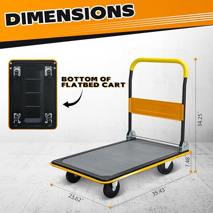 660lbs Large Size Heavy Duty Yellow Flatbed Cart, Foldable Platform Hand Truck with 360° Swivel Wheels, Steel Utility Dolly for Warehouse, Moving & Storage