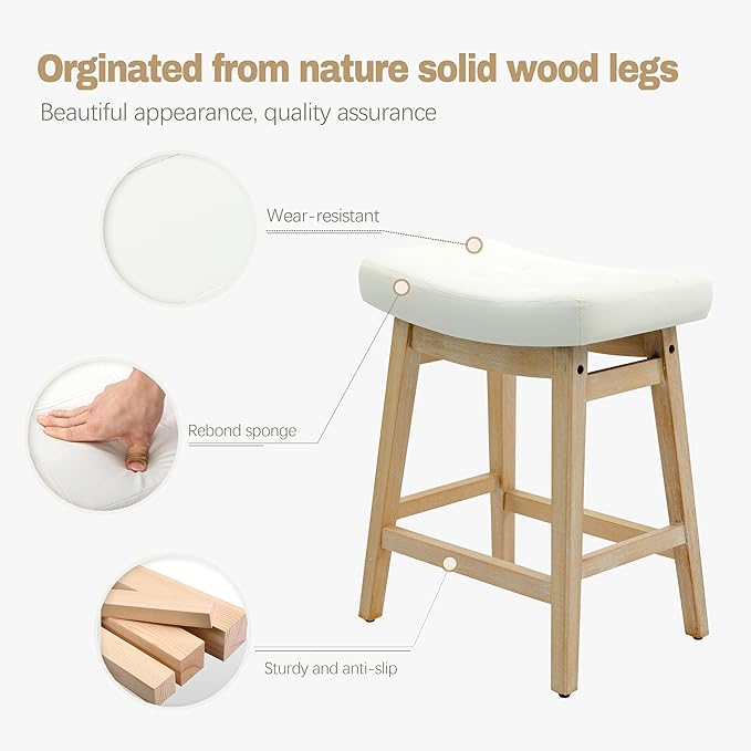 Counter Height Bar Stool for Kitchen Island Modern Barstool with Upholstered Faux Leather Backless Seat and Solid Wood Legs, 24 inch Farmhouse Bar Chair, White