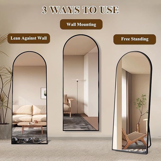 64"x21" Full Length Mirror with Stand, Shatterproof Arched Floor Mirror, Aluminum Alloy Thin Frame - Freestanding/Leaning/Wall Mount for Bedroom, Living Room & Entryway (Black)