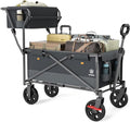 EVER ADVANCED Collapsible Push & Pull Shopping Cart with Wheels & Brakes, Foldable Wagon for Groceries with Practical Basket, Side Pockets & Cup Holders, Beach Utility Rolling Cart for Camping, Grey