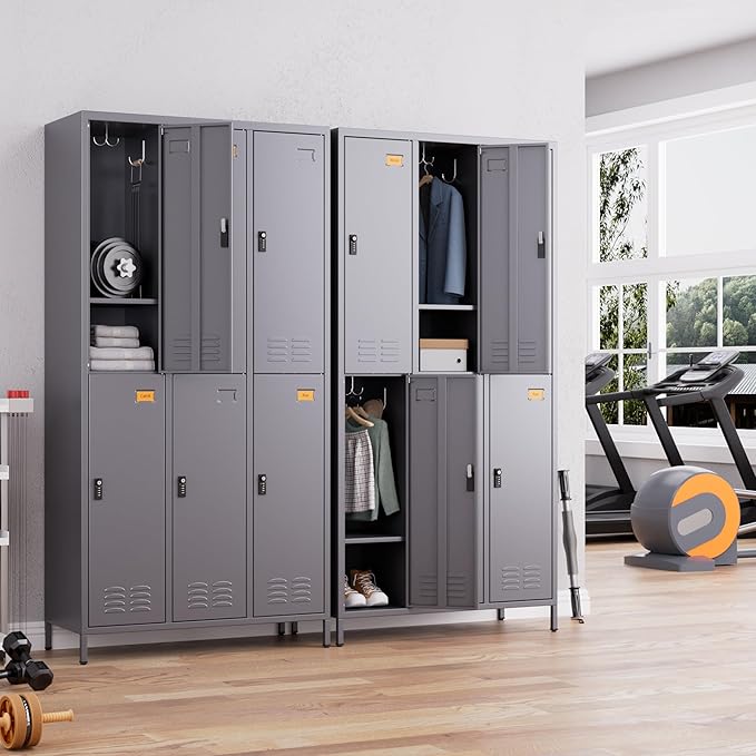 Aobabo Combination Lock Metal Storage Locker for Employees, 6 Doors Lockable Storage Locker with 18 Hooks for Office Gym School, Dark Grey, Assembly Required