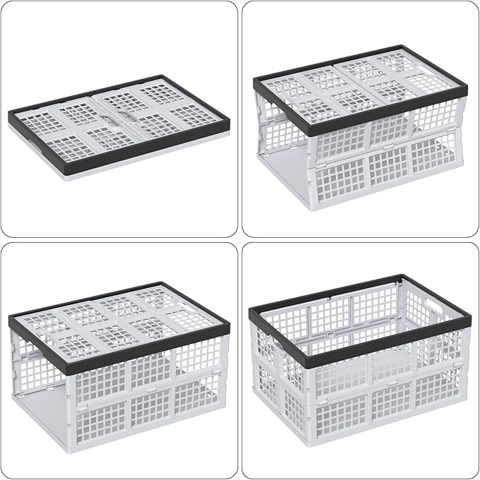 42 L Plastic Stackable Collapsible Storage Crate, 4-Pack Stacking Folding Storage Basket, Utility Crate Basket Containers