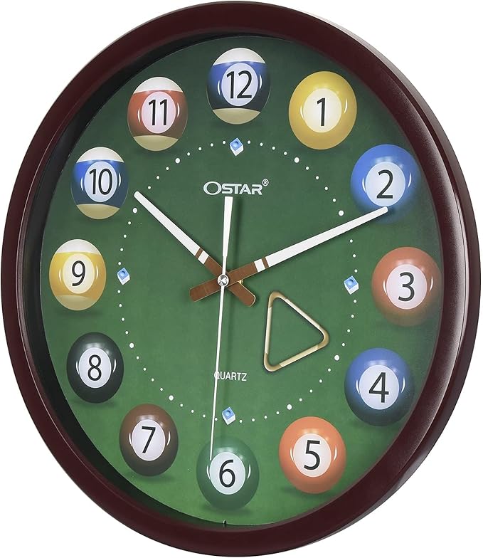 OSTAR Big Large Billiard Pool Ball Wall Clock, Battery Operated, Cue Hand, Non Ticking Quality Quartz, 14" Snooker Game