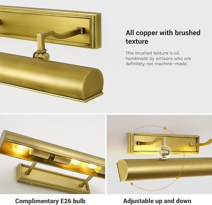 Picture Light for Wall 18" Brass Picture Lights Hardwired 3-Light Gold Picture Frame Light Dimmable Art Gallery Light Accent Lighting Bathroom Wall Sconce for Artwork Poster Library Display
