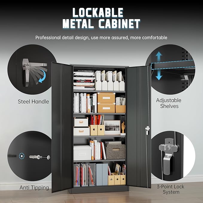 Superday Metal Storage Cabinet with Lock, 72" H Garage Storage Cabinet with Doors and 4 Adjustable Shelves, Black Steel Locking Cabinets for Office, Home, Garage, Gym, School