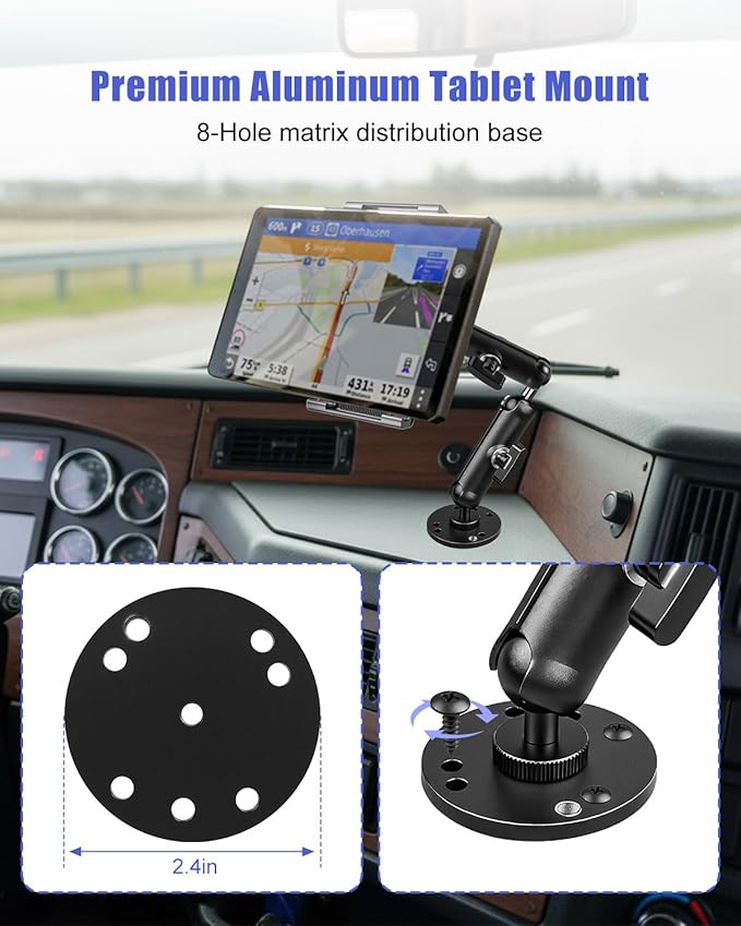 Industrial Aluminum Tablet Mount with Dual Link Arm, Heavy Duty 360° Adjustable Holder for 6-13" Devices, Multi-Hole Base for Truck Boat Wall Desk Installation