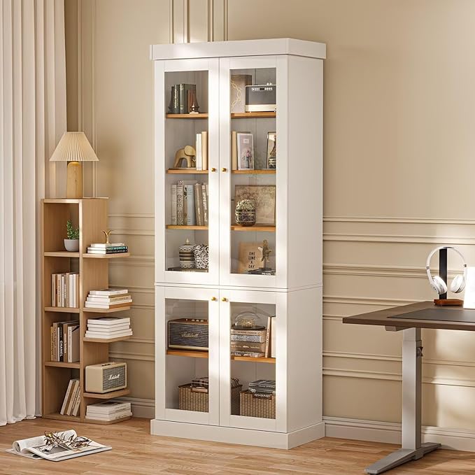 Vyre 70.8" Tall White Bookshelf with Glass Doors, Farmhouse Modular Bookcase with 6-Tier Adjustable Shelves, Large Storage Cabinet for Home Office, Living Room, Set of 2