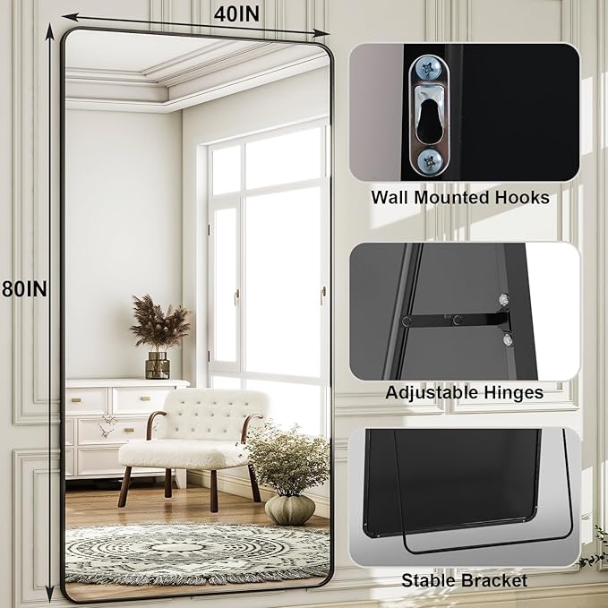 HARRITPURE 80"x40" Oversized Full Length Mirror - Rectangular Black Aluminum Frame Floor Mirror with Stand for Bedroom, Living Room, Cloakroom, Full Body Reflection